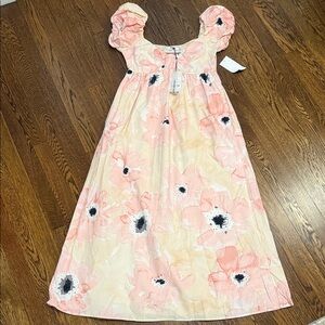 Midi Floral Square-Neck Dress in Peach Pink